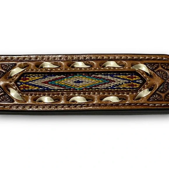Nocona Mens Western Brown Leather Embossed Braided Belt Size 42 Conchos Inlay
